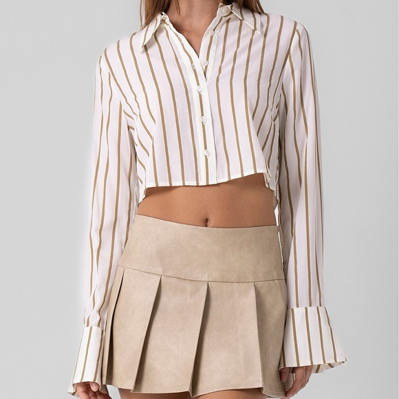 Ivory and Tan Striped Cropped Button-Down Top - Picture 1 of 6